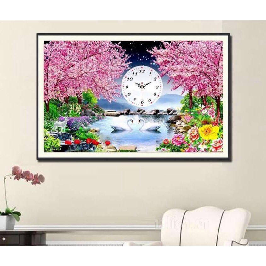 Tranh đính đá Hồ Thiên Nga (Đồng hồ) - LV474 (83x55cm),chưa đính đá