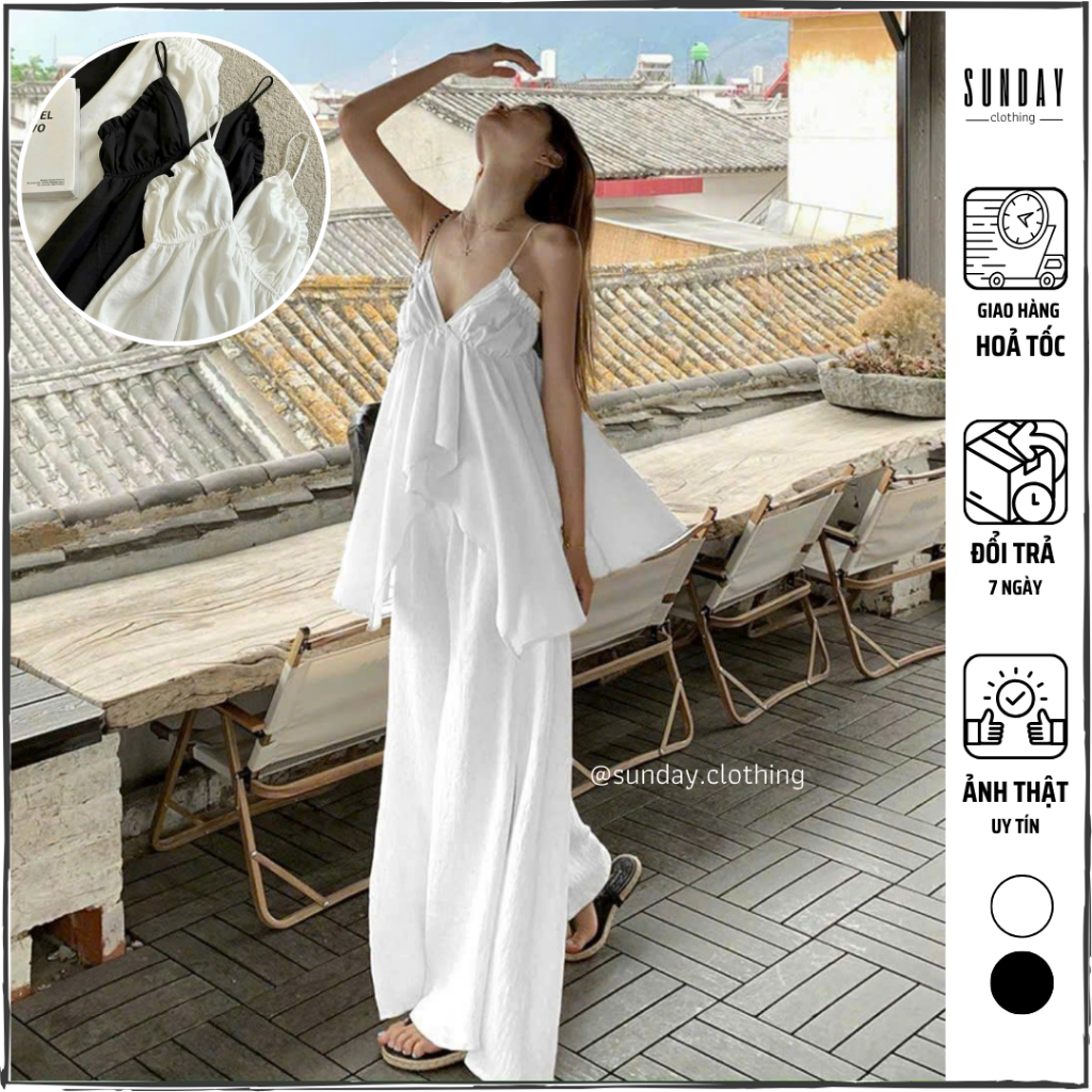 Set Áo 2 Dây Linen Kèm Quần Dài Ống Suông Rộng Đi Chơi Đi Biển Luna Set - Sunday Clothing SET030