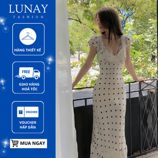 Đầm body chấm bi phối ren LUNAY đầm body dáng dài kiểu nữ [v281]