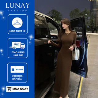 Váy body suông dài tay LUNAY, váy dài tay chất Xleo dáng dài [V239]