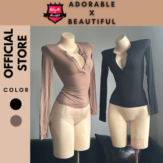 [Ảnh Thật] Áo Tay Dài Thun Mềm Mỏng Nữ Đen Be Xanh, Áo Thun Cổ V Cài Nút Form Lửng Y2k Trendy [AdorablexBeautiful]