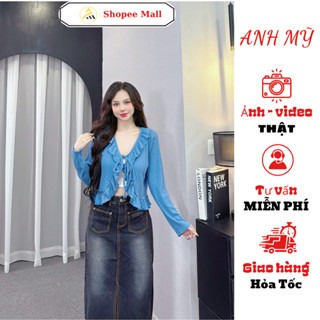 Áo khoác Cadigan ANH MỸ thun len ren mỏng dáng croptop ngắn dài tay viền bèo thắt nơ SP0305