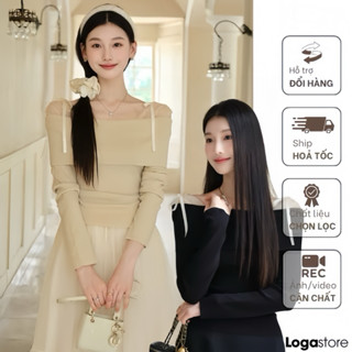 Áo trễ vai phối nơ, áo hở vai chất tăm nhung phối lưới phong cách tiểu thư Logastore_L335