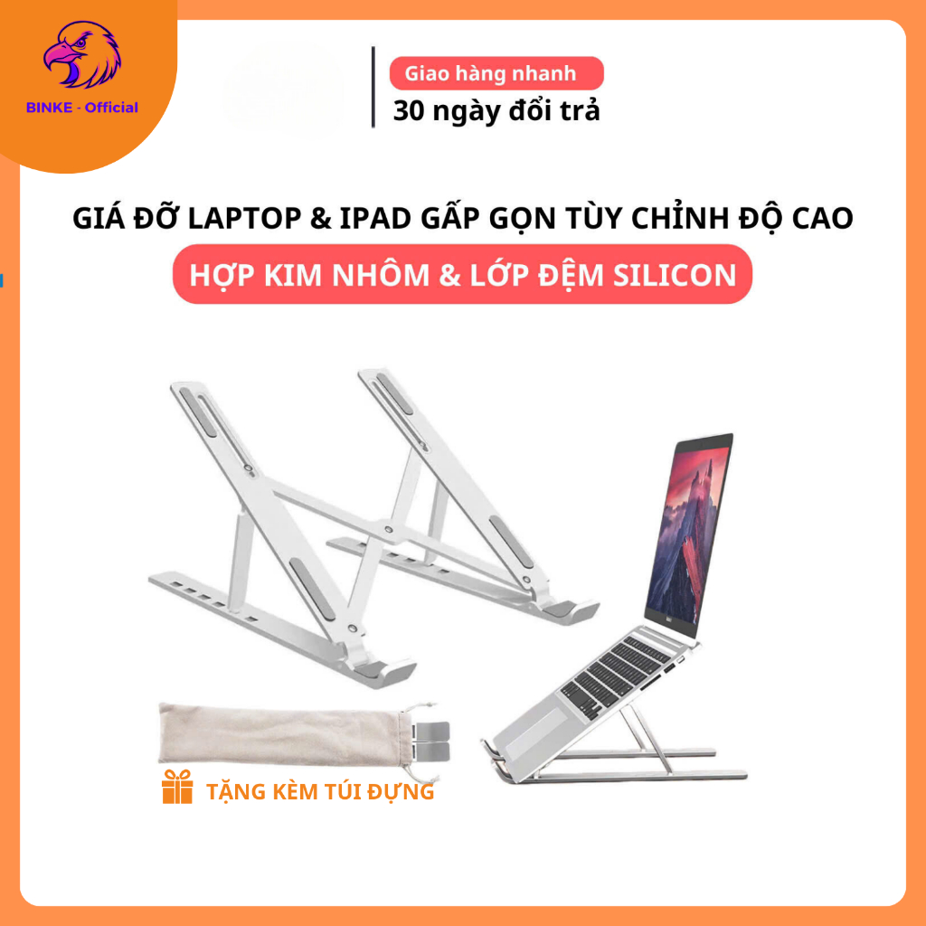 Giá đỡ tản nhiệt laptop BINKE, kệ đỡ macbook, máy tính ipad, đế tản nhiệt laptop kim loại nhôm điều chỉnh độ cao