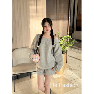 Sét nỉ nữ áo trễ vai kết hợp quần short mặc thu đông cá tính. bộ nỉ áo sweater lệch vai dáng rộng kết hợp quần đùi