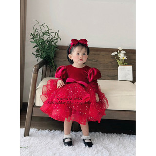 Váy CC nhung mềm  phối tùng sao Đầm Công Chúa Cho Bé Gái Cao Cấp tặng Kèm Cài Đầu Cute