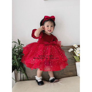 Váy CC nhung mềm  phối tùng sao Đầm Công Chúa Cho Bé Gái Cao Cấp tặng Kèm Cài Đầu Cute