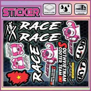 tem sticker gấu dâu chữ race chất liệu siêu bóng dán lên xe máy, đạp điện , tủ lạnh,hộp bút,hộp đựng quà