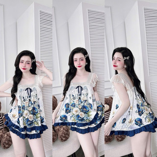 Bộ đồ bộ mặc nhà áo tay ren quần đùi có túi 40-65kg vừa. để