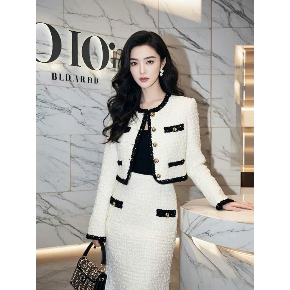 Set váy dạ mùa đông cổ tròn viền đen, chân váy bút chì, sét dạ dáng dài thu đông hàng tk đẹp l1