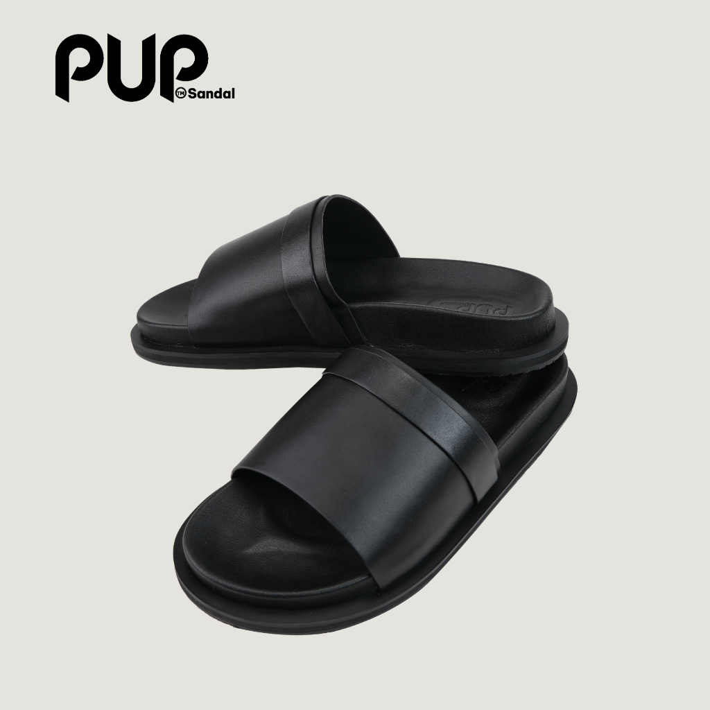 Dép Da Nam Nữ Bản Quai Ngang, Màu Kem + Màu Đen, Chất Liệu Da Bò Thương Hiệu Pup Sandal