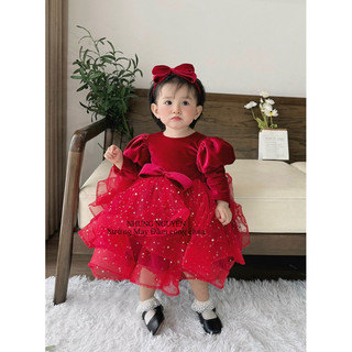 Váy CC nhung mềm  phối tùng sao Đầm Công Chúa Cho Bé Gái Cao Cấp tặng Kèm Cài Đầu Cute