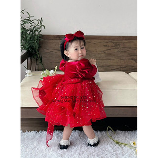 Váy CC nhung mềm  phối tùng sao Đầm Công Chúa Cho Bé Gái Cao Cấp tặng Kèm Cài Đầu Cute