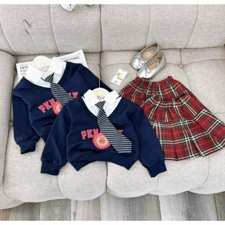 Sét áo nỉ xanh than phối cổ sơ mi trắng cà vạt cv caro đỏ bé gái