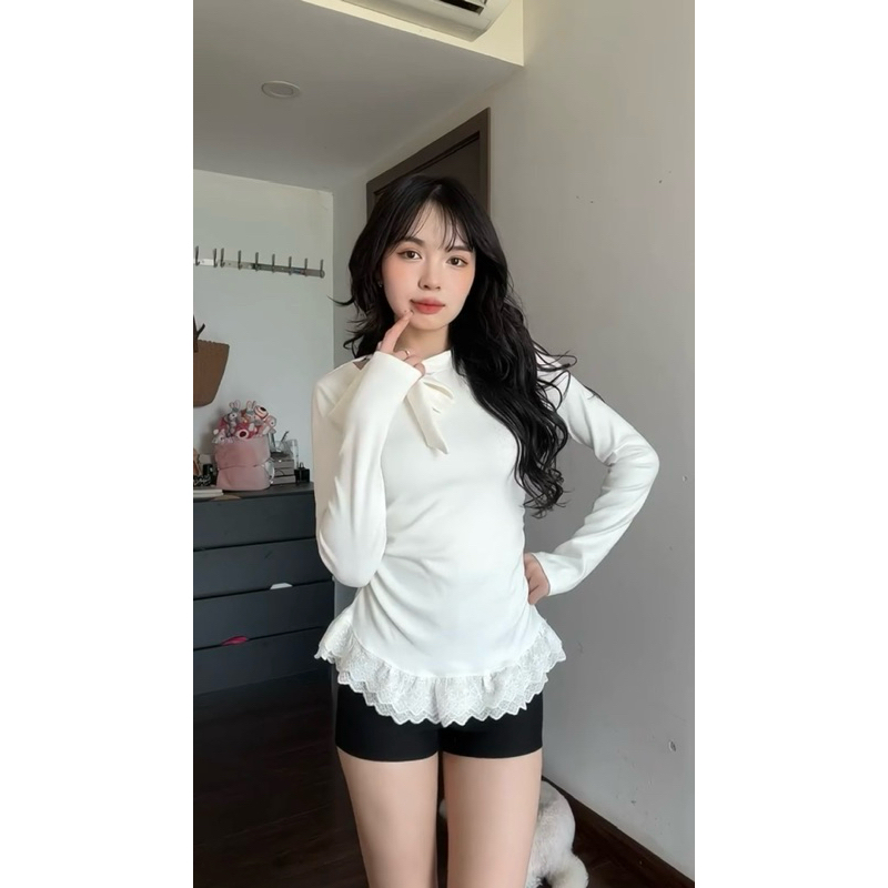 [ SẴN HÀNG - REN 2 LỚP] ÁO NỈ LÔNG DÀI TAY PHỐI VIỀN REN BUỘC NƠ CỔ HOTTREND - LYMZSTORE | BigBuy360 - bigbuy360.vn