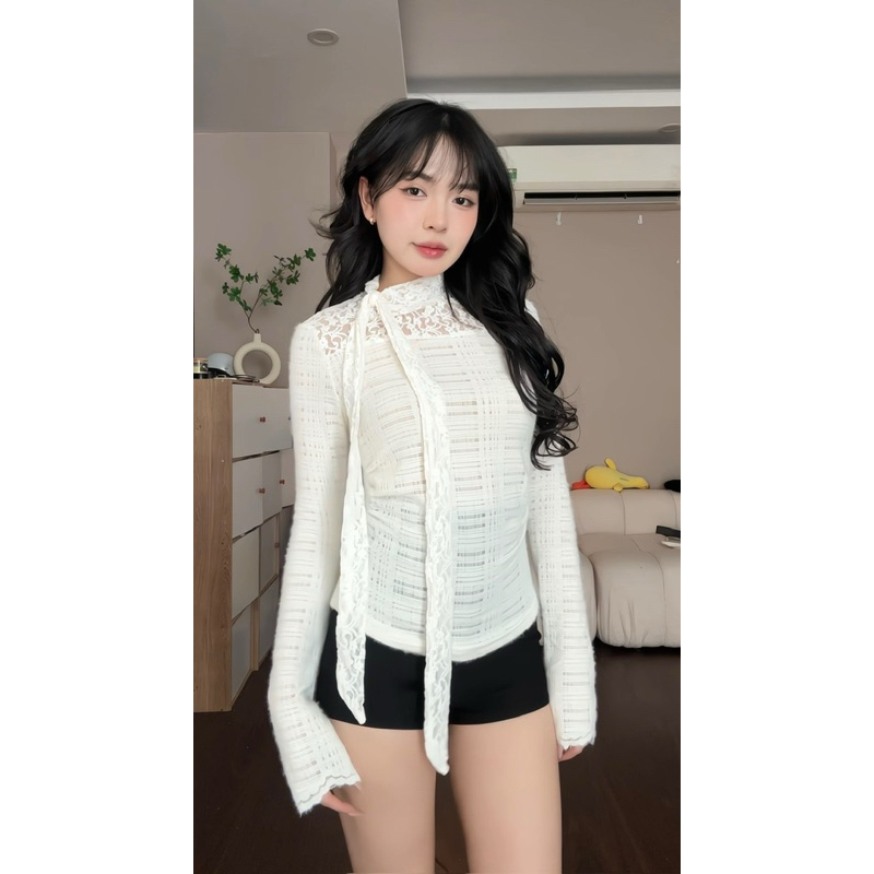 ÁO REN DÀI TAY PHỐI CỔ REN HOA BUỘC NƠ HOT TREND - LYMZSTORE