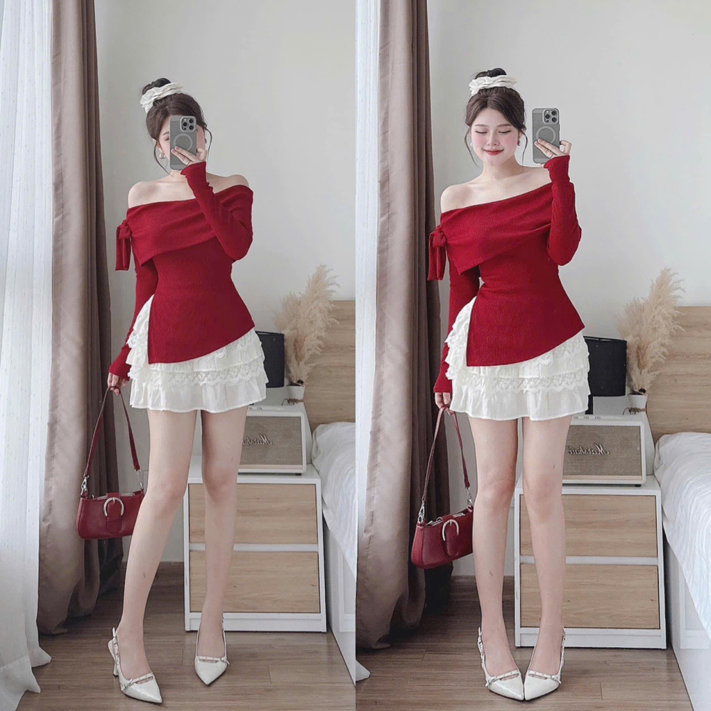 Set váy trễ vai đỏ diện Noel, chất len gân mềm đẹp cả áo và chân váy. Thắt nơ xinh có lót quần, Form dưới 60kg