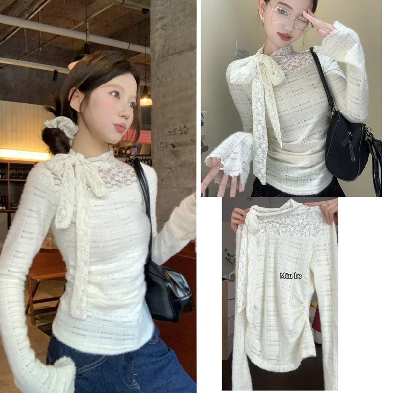  Áo Thun Ren Cổ Thắt Nơ Form Ôm Tay Loe “XiTa”Top phong cách Douyin dành cho Nữ 