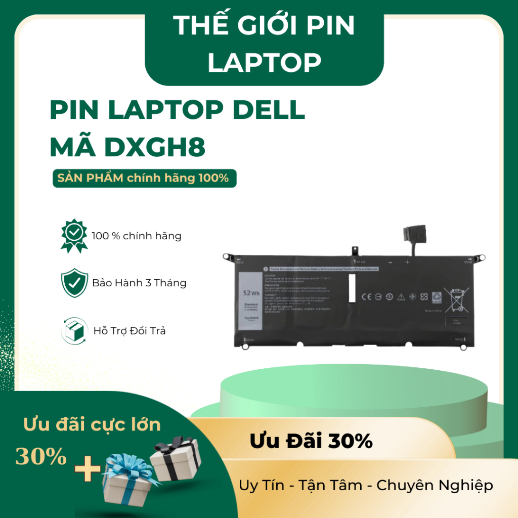 Pin laptop Dell XPS 13 9305 9370 9380 7390 7391 5390 5391 7490 P82G, Latitude 3301 DXGH8 52Wh