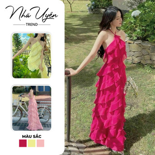 Đầm váy dài - Đầm váy nữ đi biển, chụp ảnh cực xinh , đầm cổ yếm bèo gợn sóng dáng maxi dài 3 màu hotttrend dáng xòe dài