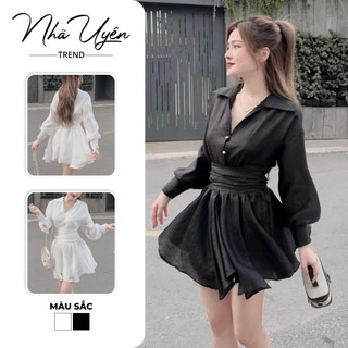 Đầm thiết kế tiểu thư thời trang, đầm voan tơ ánh kim đính ngọc cổ sơ mi tay dài dáng xòe 2 màu cực xinh