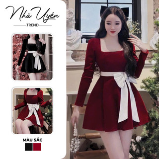 Set đầm nhung - Đầm váy nữ dáng xòe tiểu thư sang trọng,Váy nhung cổ vuông tay dài đính nơ trắng 2 màu nổi bật đi tiệc