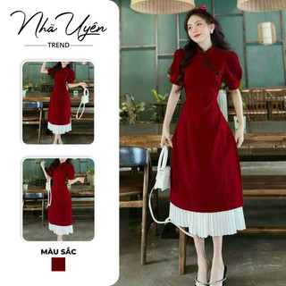 Set đầm cổ tàu chất nhung mặc chơi TẾT sang trọng mix váy dập ly trắng,đầm cổ tàu tay bồng cực xinh