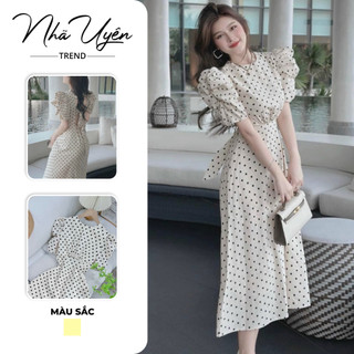 Đầm váy nữ đi tiệc chất lụa hoạ tiết chấm bi tay bồng cột nơ sau lung dáng dài sang trọng cho nàng đi chơi