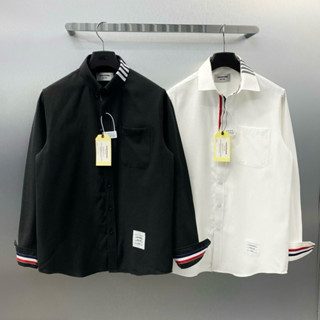 Áo sơ mi nam nữ dài tay TB vải gai thô in 4 sọc cổ phối thêu sọc kẻ xanh đỏ ống tay basic boy phố SM175P