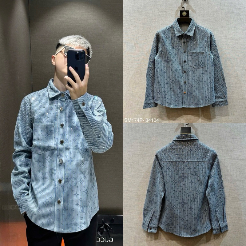 Áo sơ mi nam nữ dài tay Eo Vì vải dệt hoạ tiết vân hoa chữ monogram sọc xanh đính đá 2 mặt boy phố SM174P