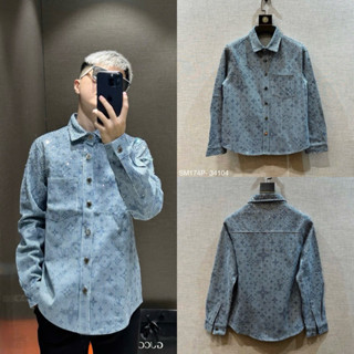Áo sơ mi nam nữ dài tay Eo Vì vải dệt hoạ tiết vân hoa chữ monogram sọc xanh đính đá 2 mặt boy phố SM174P