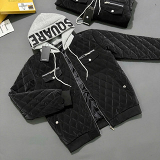 Áo khoác phao mũ nam nữ Dsq nhung lì trần trám thêu túi khoá zip ngực phối mũ nỉ xám 2 lớp in chữ AK130P