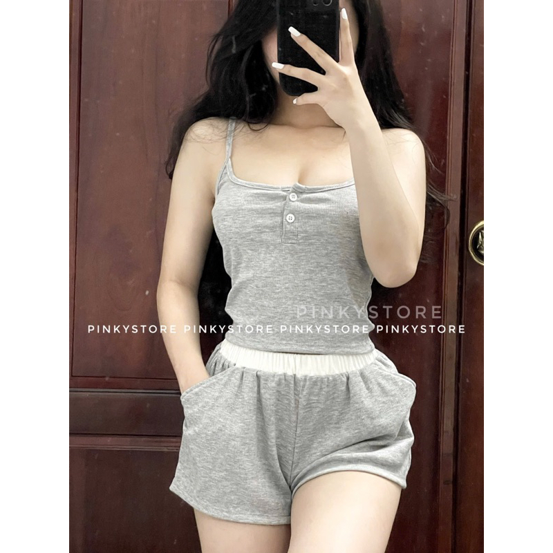 (Ảnh Thật by PINKYSTORE) Set áo dây khuy nhỏ kèm quần shorts dáng ngắn BUTTON SET | BigBuy360 - bigbuy360.vn