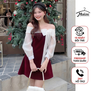  Váy nhung Maize trễ vai nơ ngực váy bánh bèo dáng ngắn phối tay tơ mặc đi làm đi chơi Noel,chơi Tết 