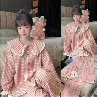 Bộ Ngủ Pijama Nữ , Bộ Ngủ Kẻ Tay Dài Phối Viền Ren Giare01