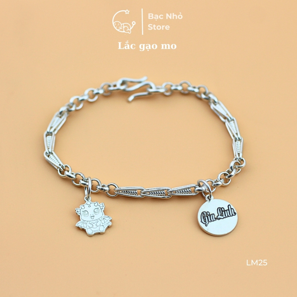[Bạc Nhỏ Store] Lắc Gạo Mo Bạc Ta 950 Khắc Charm Tên Miễn Phí Theo Yêu Cầu Quà Tặng Đầy Tháng Thôi N
