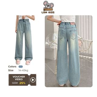 Quần Jean Ống Suông Cho Bé Gái Thêu Mặt Cười Túi Sau Quần Bò Ống Suông Bé Gái Lâm Kids QD4