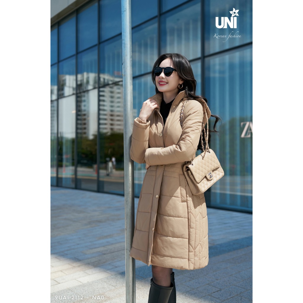 Áo Phao Nữ UNIVTH Trần Bông Dáng Dài Cúc Bấm Có Mũ Kèm Đai Cao Cấp 9UAP2112T - UNI KOREAN FASHION