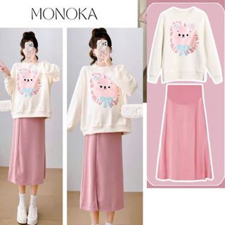  Set đồ nữ áo sweater nỉ be họa tiết gấu cute + Chân váy dài midi xẻ tà hồng chất umi dày T675G MONOKA 