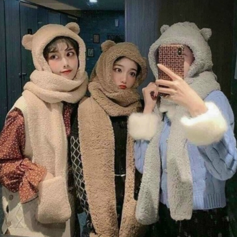 Mũ lông cừu tai gấu kèm khăn quàng cổ và găng tay ấm áp ulzzang Hàn Quốc 3Iin1