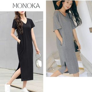 Váy suông cộc tay cổ tim form rộng chất thun cotton dày dặn đen trắng basic xẻ tà Đầm thun nữ đơn giản T676G MONOKA