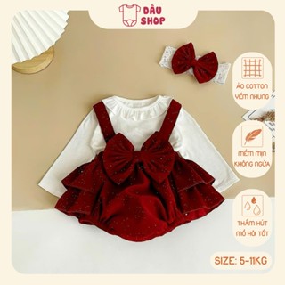  Set body yếm kèm áo và nơ turban cho bé gái 5-11kg body bé gái mặc noel tết chất vải mềm mại mịn co giãn. Dâu Shop 