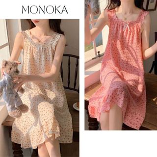 Váy ngủ 2 dây to bèo đính nơ nhún ngực dáng xòe form rộng đuôi cá họa tiết hoa nhí Đầm mặc nhà bánh bèo T629G MONOKA 