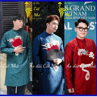 Áo dài Nam chất vải gấm cao cấp, chuẩn form 3 màu, họa tiết thêu đắp triện độc đáo- ÁO DÀI THIẾT KẾ CÁT NHÃ