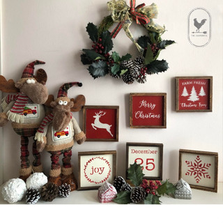  Tranh Gỗ Đóng Khung Handmade Trang Trí Giáng Sinh Phong Cách Vintage Decor Quán,16cm x 16cm 