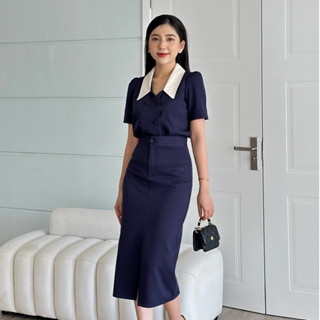 Set áo sơ mi cổ vest tay ngắn phối chân váy bút chì xẻ tà trước thanh lịch U&M (SM261+CVT03)