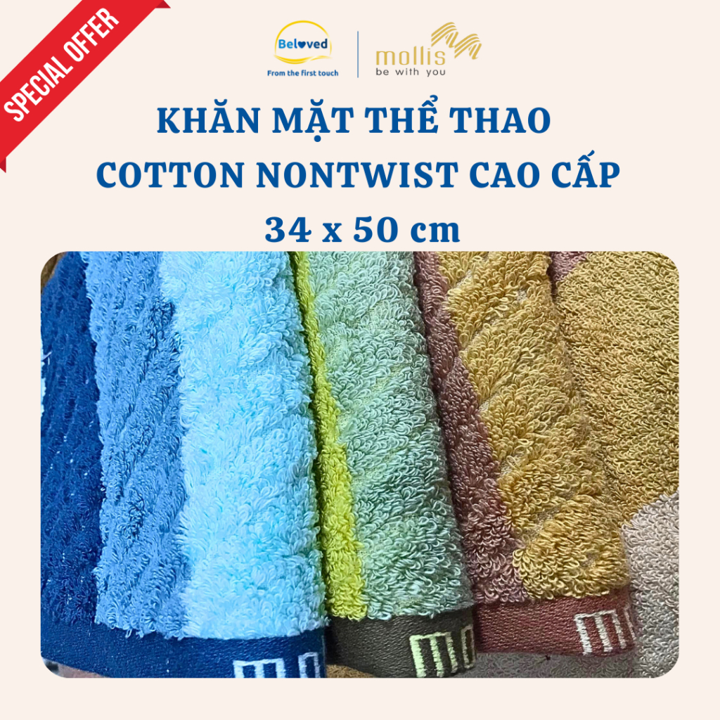 Khăn Mặt, Khăn Gội, Khăn Tắm Mollis Cotton Nontwist 34x50cm Khăn Cao Cấp Sợi Thấm Hút Mau Khô Dùng G