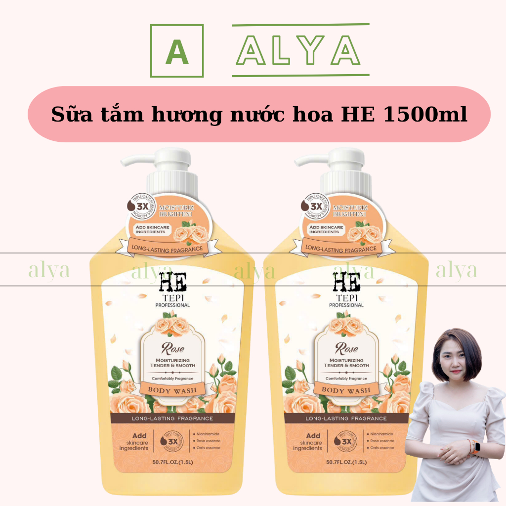 Sữa tắm nước hoa HE Collagen chính hãng 1500ml. Hương thơm lưu trữ cả ngày kèm vòi. Alya cosmetics