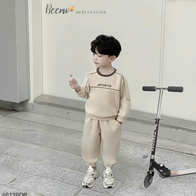 Set nỉ Beemo phối viên in chữ sports vải nỉ hai da mềm mại giữ ấm tốt cho bé trai từ 9-24kg 4613BDB