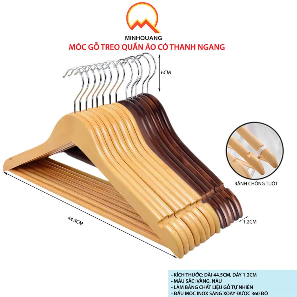 Móc gỗ treo quần áo, có thanh ngang màu vàng, nâu, kích thước dài 44.5cm, dùng cho shop, gia đình.